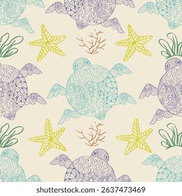 Seamless pattern with turtles and starfishes. Vector illustration.