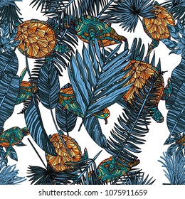 Seamless pattern with turtles and tropical leaves on white background. Vector illustration.