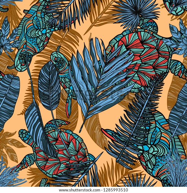 Seamless Pattern Turtles Tropical Leaves Vector Stock Vector (Royalty ...