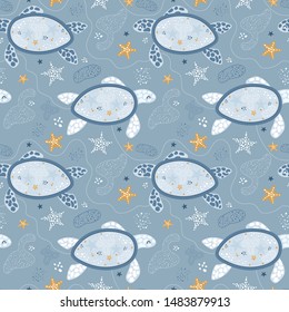 Seamless pattern with turtles. Vector background. Cute blue turtles in the sea, starfish, waves. For printing on fabric, wallpaper in the children's room, paper, clothes, textiles.