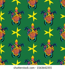 seamless pattern turtles in zentangle doodle ethnic style hand painted textile ornament on green background