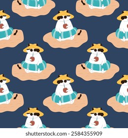 Seamless pattern Tuxedo cat in an inflatable ring sits on the sand wearing sunglasses, a hat and drinks cocktail in coconut from a straw. Flat style illustration for summer design on blue background.