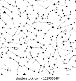 Seamless pattern with twelve constellations. Zodiacal circle abstract background. Black hand drawn stars on white background. Starry sky. Black stars. Horoscope, predictions and prophecies. Vector