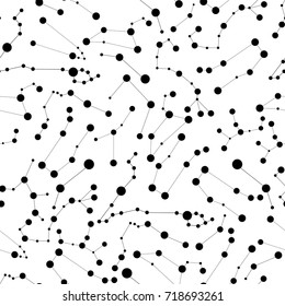 Seamless pattern twelve constellations. Zodiacal circle abstract background. Black dot and line on white background. Starry sky. Black stars. Horoscope and predictions. Abstract Vector illustration.