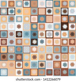 Seamless pattern. Twelve petal flowers on a checkered background. Multicolor motley texture. Camouflage style.