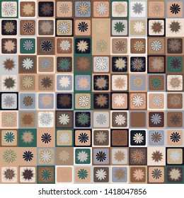 Seamless pattern. Twelve petal flowers on a checkered background. Multicolor motley texture. Camouflage style.