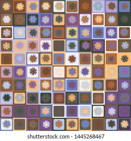 Seamless pattern. Twelve petal flowers on a checkered background. Multicolor motley texture. Camouflage style.