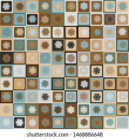 Seamless pattern. Twelve petal flowers on a checkered background. Multicolor motley texture. Camouflage style.