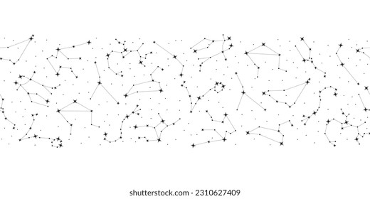 Seamless pattern of twelve zodiac signs of connected stars. Trendy astrology seamless pattern. Constellations repeating print for packaging, cover, wrapping paper horizontal vector illustration