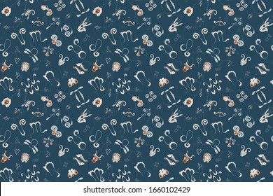 Seamless pattern of twelve zodiac symbols on the background of the night sky with constellations. Astrological endless texture of zodiacal doodles drawn by hand.  For fabric, phone cases etc. Vector.