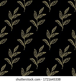 Patrón transparente con ramitas con hojas en forma de doodle. Fondo negro y rama de color dorado. Esquema. Dibujado a mano. Ilustración del vector