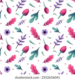 seamless pattern Twig, roses, flowers, leaves, in purple color, vector