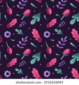 seamless pattern Twig, roses, flowers, leaves, in purple color, vector