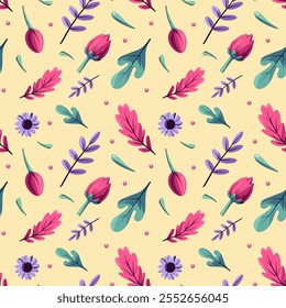 seamless pattern Twig, roses, flowers, leaves, in purple color, vector