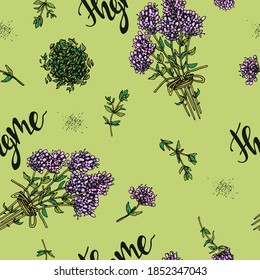 Seamless Pattern with twig of thyme with leaves and flowers . Detailed hand-drawn sketches, vector botanical illustration.