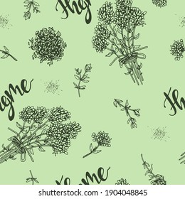Seamless Pattern with twig of thyme with leaves and flowers . Detailed hand-drawn sketches, vector botanical illustration.