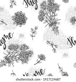 Seamless Pattern with twig of thyme with leaves and flowers . Detailed hand-drawn sketches, vector botanical illustration.