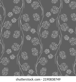 seamless pattern of twigs with abstract fluffy flowers on a dark background