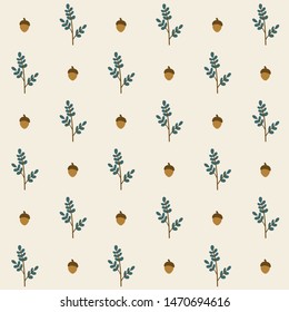 Seamless pattern of twigs and acorns.
