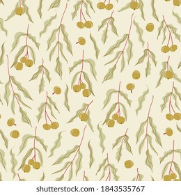 Seamless pattern with twigs and berries in hand-drawn style. Floral print design for fabric, wrapping or wallpaper.
