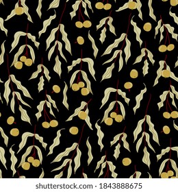 Seamless pattern with twigs and berries in hand-drawn style. Floral print design for fabric, wrapping or wallpaper.