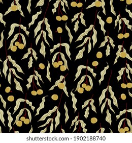 Patrón sin foco con ramas y bayas de estilo dibujado a mano. Diseño de impresión floral para tela, envoltura o papel pintado.