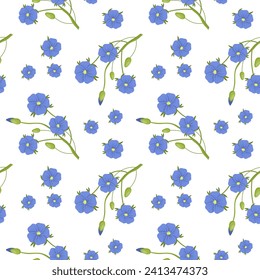 Seamless pattern, twigs with blue flax flowers on a white background. Print, background, vector