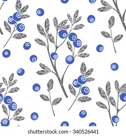 Seamless  pattern with twigs of blueberry. Hand-drawn vector illustration on a white background.
