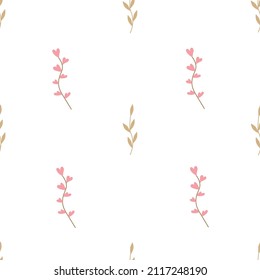 Seamless pattern with twigs, dried flowers, hearts in rustic style. Simple elegant vector background for printing on fabric, paper, packaging, wallpaper