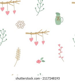 Patrón sin foco con ramas, flores secas, rosas, guirnaldas con corazones de estilo rústico. Sencillo y elegante fondo vectorial para impresión en tela, papel, embalaje, papel tapiz