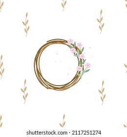 Seamless pattern with twigs, dried flowers and a wreath with roses in rustic style. Simple elegant vector background for printing on fabric, paper, packaging, wallpaper