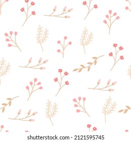 Patrón sin foco con ramas, flores secas, flores rosadas de estilo rústico. Sencillo y elegante fondo vectorial para impresión en tela, papel, embalaje, papel tapiz