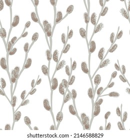 Seamless pattern of twigs of flowering willow on white