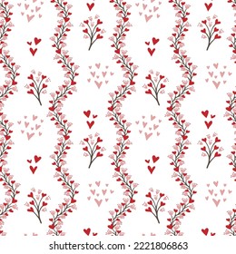 Seamless pattern of twigs with flowers and hearts on white background. Hand drawn Valentine's Day template. Floral design print to social media,  textile, wallpaper, wrapping paper, flyer, home decor