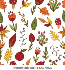Seamless pattern of twigs, flowers on a white background.Decorative abstract autumn print for fabric and other surfaces.