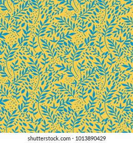seamless pattern with twigs and leaves, blue and yellow colors, vector illustration