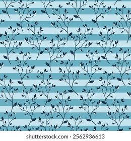 Seamless pattern of twigs with leaves on a striped background. Vector illustration.