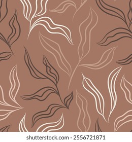 Seamless pattern with twigs and leaves outline. Hand drawn floral botanical design in soft brown colors. Modern print for textile, fabric, wallpaper, wrapping, scrapbook and packaging