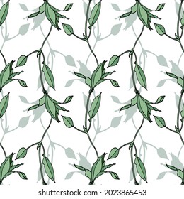 Seamless pattern of twigs. Twigs with leaves.Green branches and leaves with a gray shadow on a white background. For decoration and design of fabrics, textiles, paper, packaging.