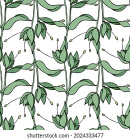 Seamless pattern of twigs. Twigs with leaves.Green branches and leaves on a white background. For decoration and design of fabrics, textiles, paper, packaging.