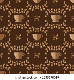 Seamless pattern of twigs, lemon leaves and coffee beans on a brown background .Vector graphic.