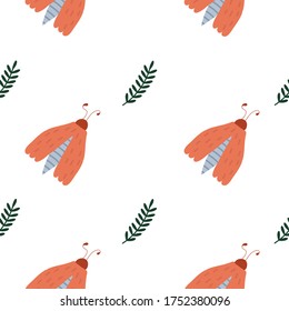 Seamless pattern of twigs and moths. Spring and summer decor.