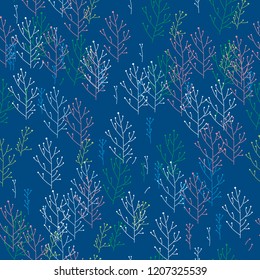 Seamless pattern with twigs on blue background.