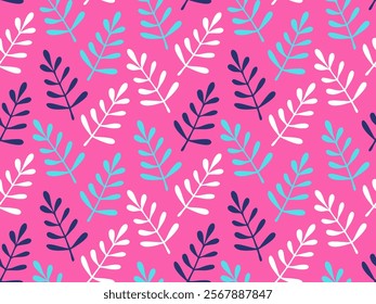 Seamless pattern with twigs on bright neon pink background. Nature print with dark blue, white leaf silhouettes for fabric design, textiles, shoes, accessories. Abstract natural floral ornament.