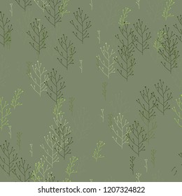 Seamless pattern with twigs on green background. 
