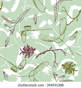 seamless pattern with twigs and seeds, acorns  and pine cones, hand drawn vector illustration