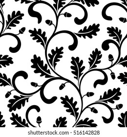 Seamless pattern. Twisted branches with oak leaves isolated on a white background