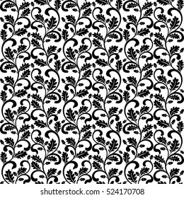 Seamless pattern. Twisted branches with oak leaves isolated on a white background