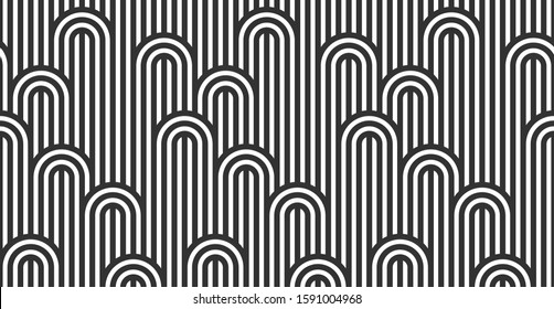 Seamless pattern with twisted lines, vector linear tiling background, stripy weaving, optical maze, twisted stripes. Black and white design.