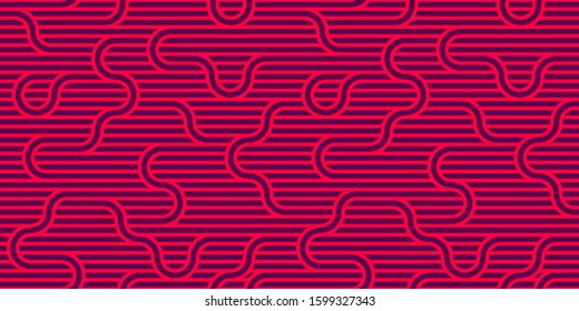 Seamless pattern with twisted lines, vector linear tiling background, stripy weaving, optical maze, twisted stripes. Red color design.